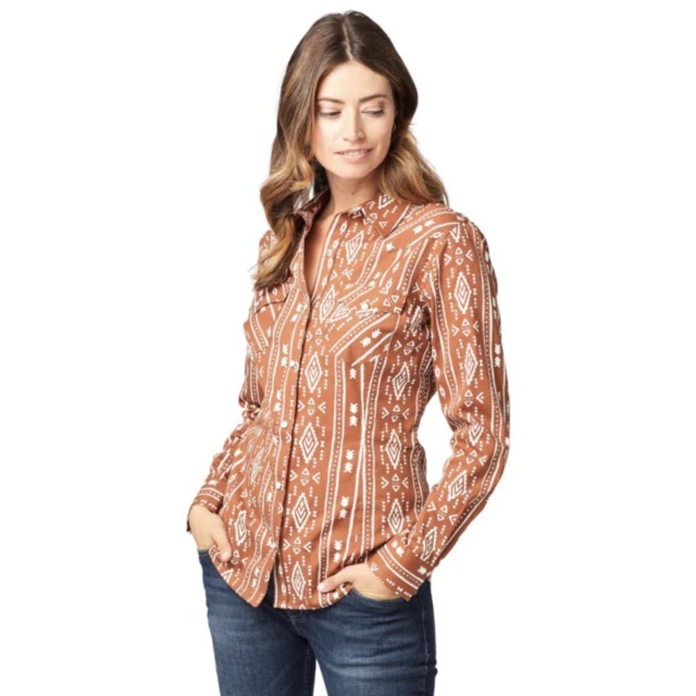 Wrangler Retro Western Pearl Snap Shirt Brown Aztec  Stripe M - Picture 2 of 9